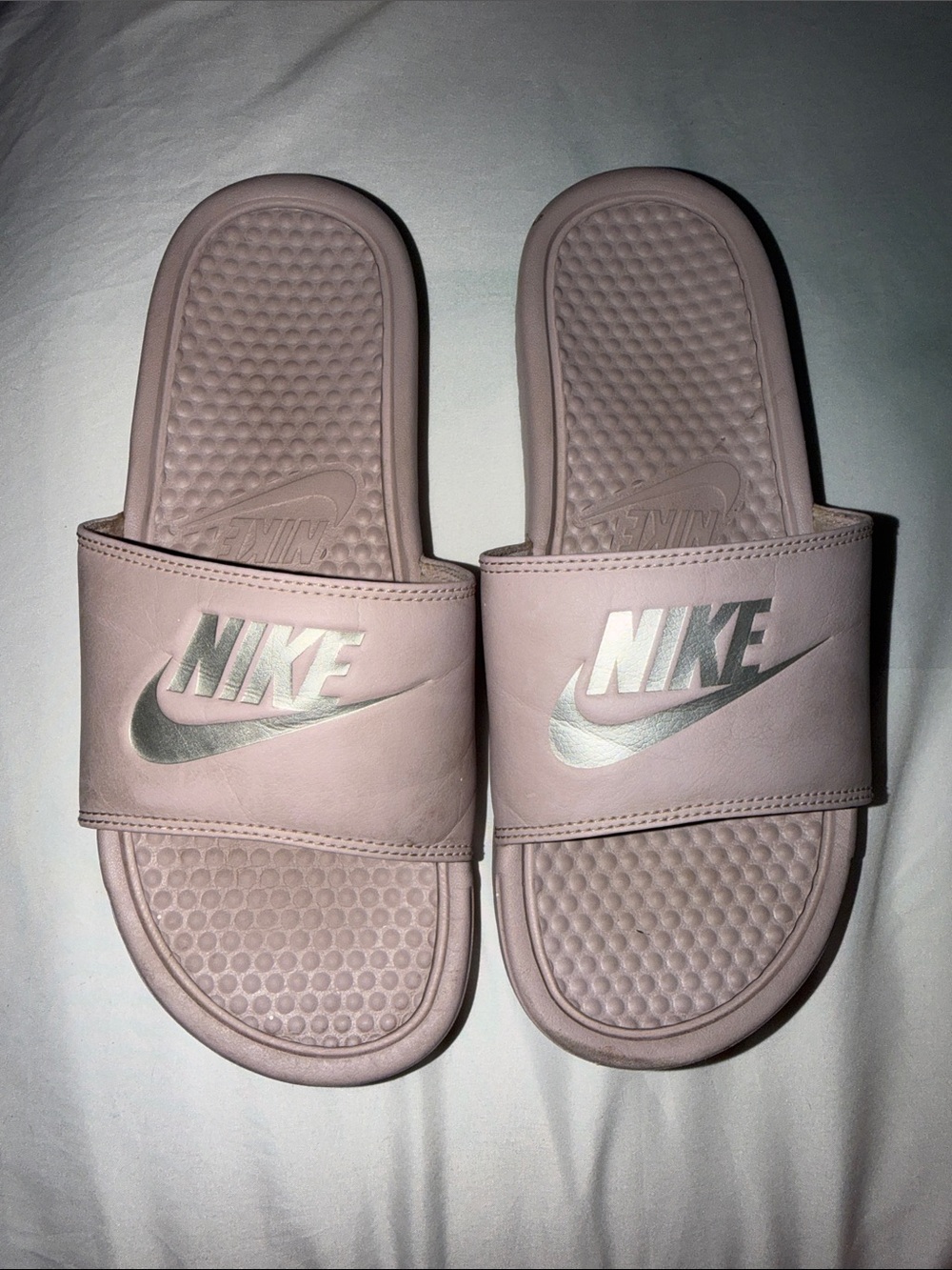 Nike Blush Pink Slides with Metallic Silver Swoosh